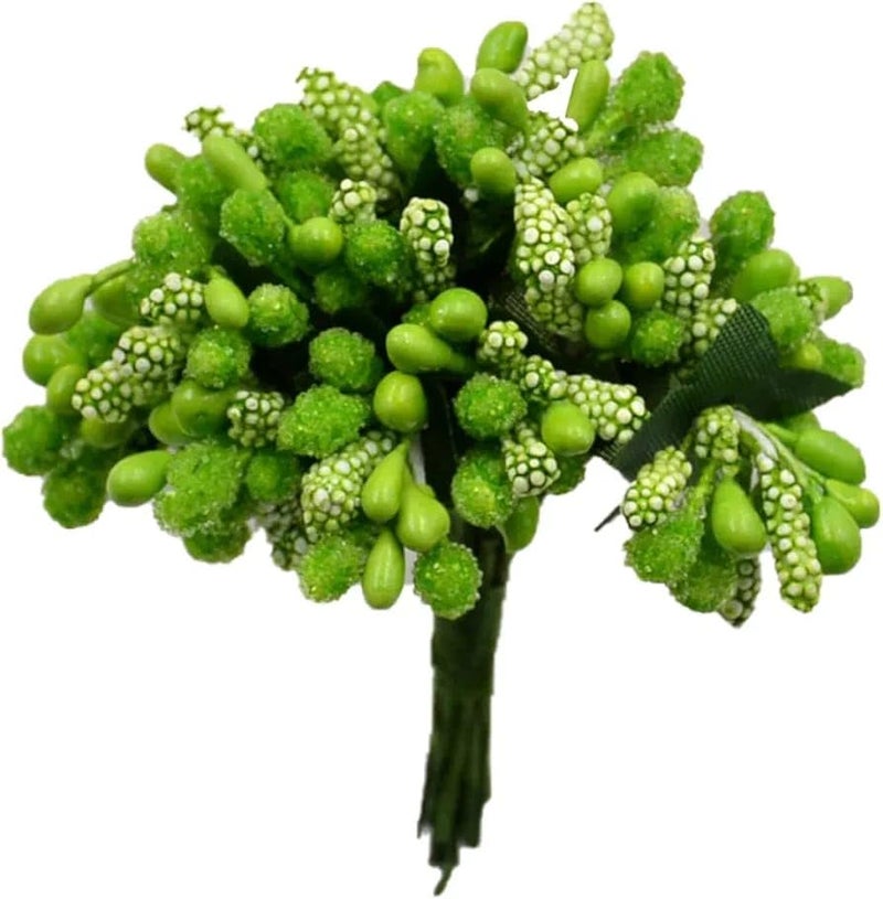 Vrindavanstore.in Vrindavanstorein Artificial Pollen Flowers for Hair Accessories Tiara Making Jewelry Making and Dress Decoration Pack of 4 Bunch in 48 Pices Golden Colour Artificial Pollen Green Flowers 01  - Image 1