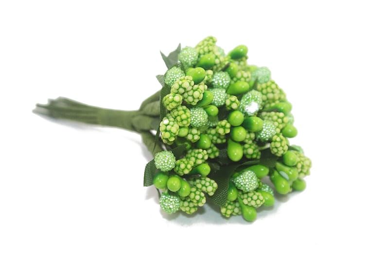 Vrindavanstore.in Vrindavanstorein Artificial Pollen Flowers for Hair Accessories Tiara Making Jewelry Making and Dress Decoration Pack of 4 Bunch in 48 Pices Golden Colour Artificial Pollen Green Flowers 01  - Image 3