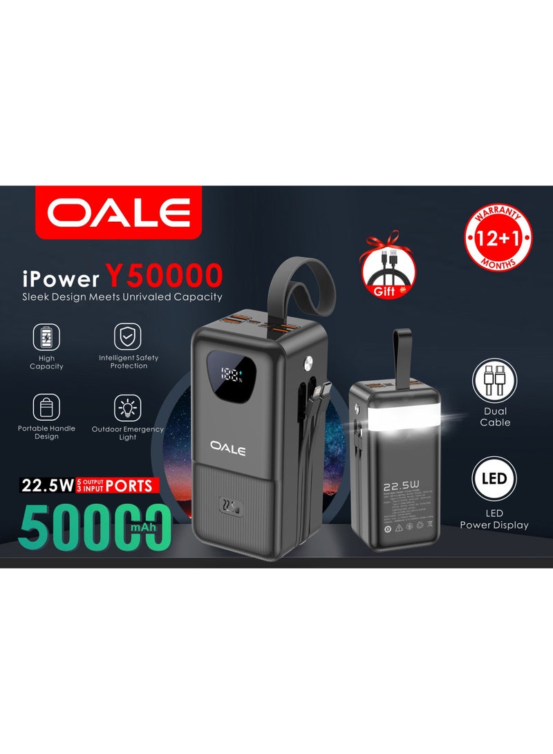 OALE Olae 50000mAh Power Bank with 22.5W Fast Charging | 4 In-Built Interchangeable Cables + 4 Ports (2 USB + 2 Type-C) | LCD Display | Emergency LED Lamp | Outdoor Backup Battery for iPhone 15/14/13, Samsung S24/S23, Xiaomi, OnePlus, Pixel | Black - Image 3
