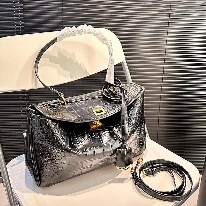 Caheno Cow Leather Kelly Bag – Large Capacity Retro Handbag with Crocodile Pattern - Image 2