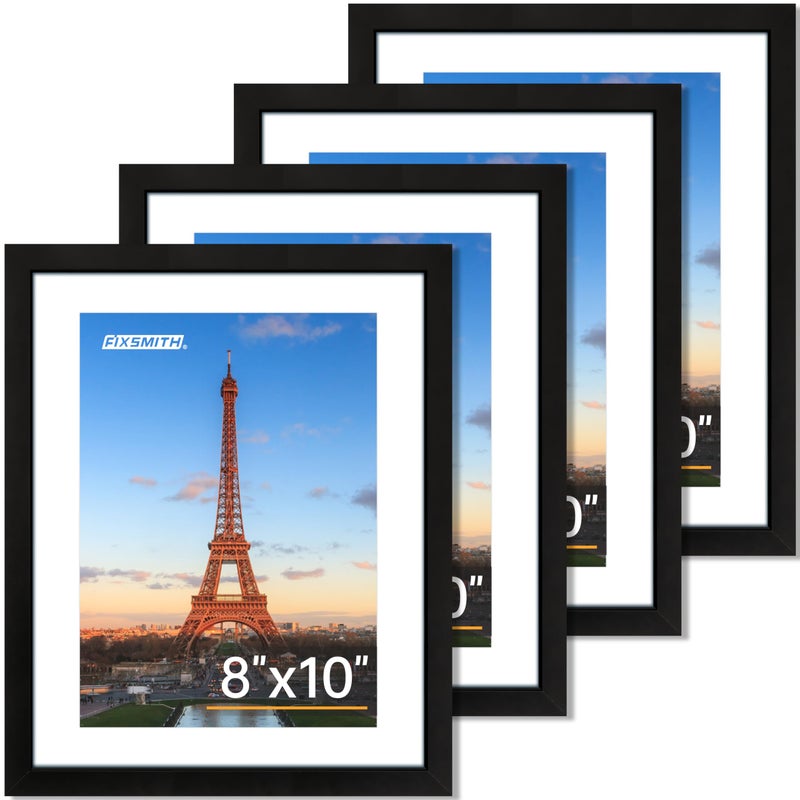 FIXSMITH 8x10 Picture Frame Set of 4, Photo Frame with HD Plexiglass, Display Pictures 5x7 with Mat or 8x10 Without Mat Multi Picture Frames Collage for Tabletop or Wall Display, Black - Image 1