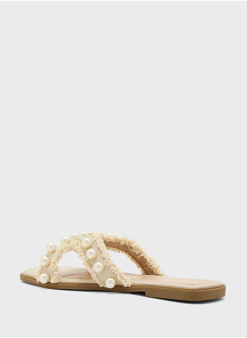 Truffle Frayed Edge Pearl Flat Sandal