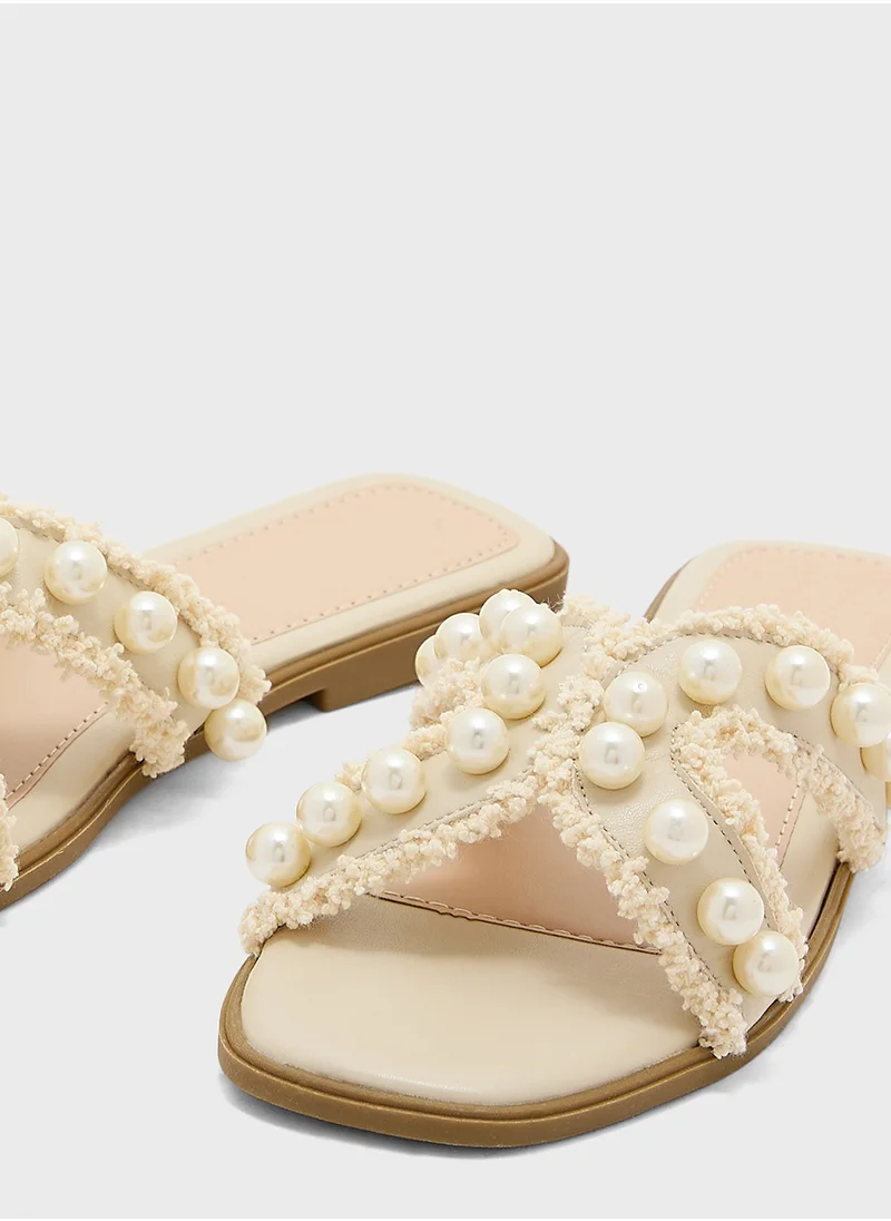 Truffle Frayed Edge Pearl Flat Sandal