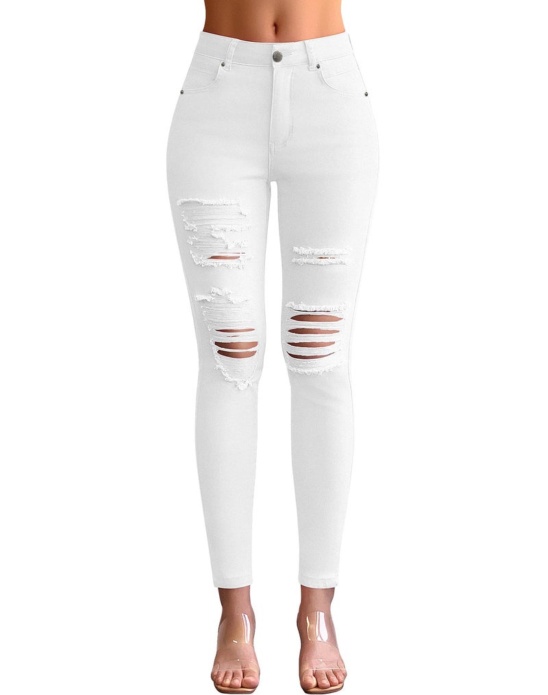 roswear Womens Ripped Mid Rise Destroyed Skinny Jeans White Large