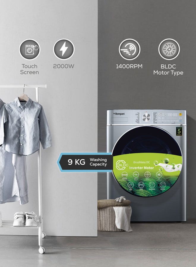 Bompani Washer Dryer 9/6 Kg, Fully Automatic Front Load Combo Wash And Dry, 9 Kg Wash And 6 Kg Dry, 1400 RPM, 16 Wash Programs, Quick Wash In 15min And 4 Drying Programs 9 kg BI1070SSN Silver - Image 2