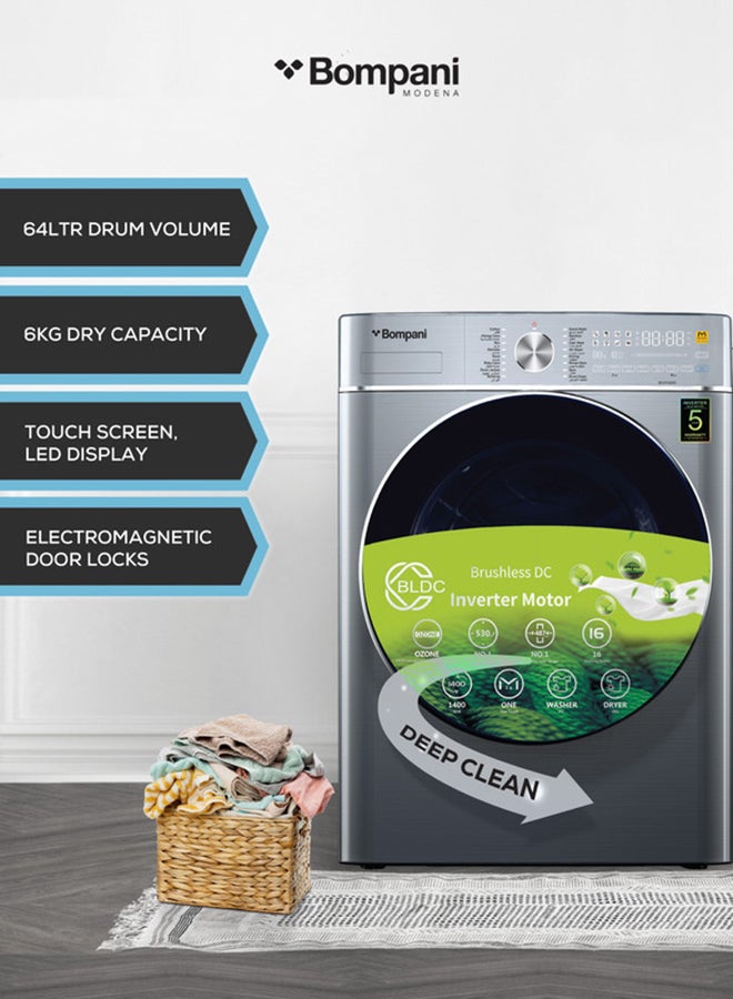 Bompani Washer Dryer 9/6 Kg, Fully Automatic Front Load Combo Wash And Dry, 9 Kg Wash And 6 Kg Dry, 1400 RPM, 16 Wash Programs, Quick Wash In 15min And 4 Drying Programs 9 kg BI1070SSN Silver - Image 4