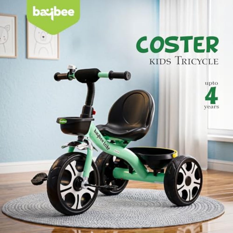 Indoor outdoor toddler tricycle for ages 1-3, EVA wheel, green, smart plug-and-play design with front and rear baskets - Image 2