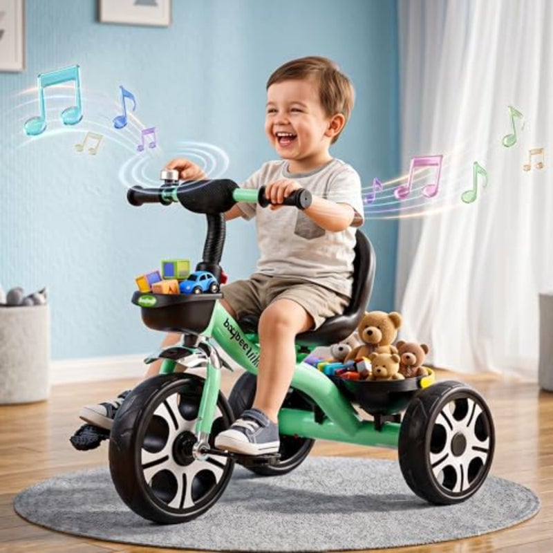Indoor outdoor toddler tricycle for ages 1-3, EVA wheel, green, smart plug-and-play design with front and rear baskets - Image 1