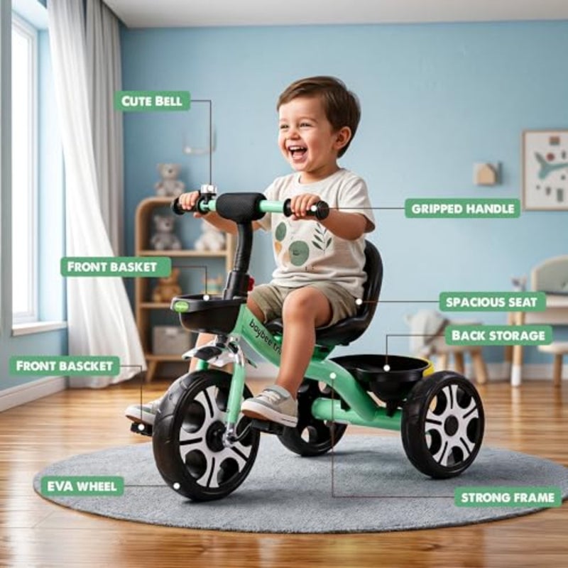 Indoor outdoor toddler tricycle for ages 1-3, EVA wheel, green, smart plug-and-play design with front and rear baskets - Image 4
