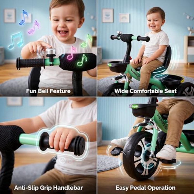 Indoor outdoor toddler tricycle for ages 1-3, EVA wheel, green, smart plug-and-play design with front and rear baskets - Image 5
