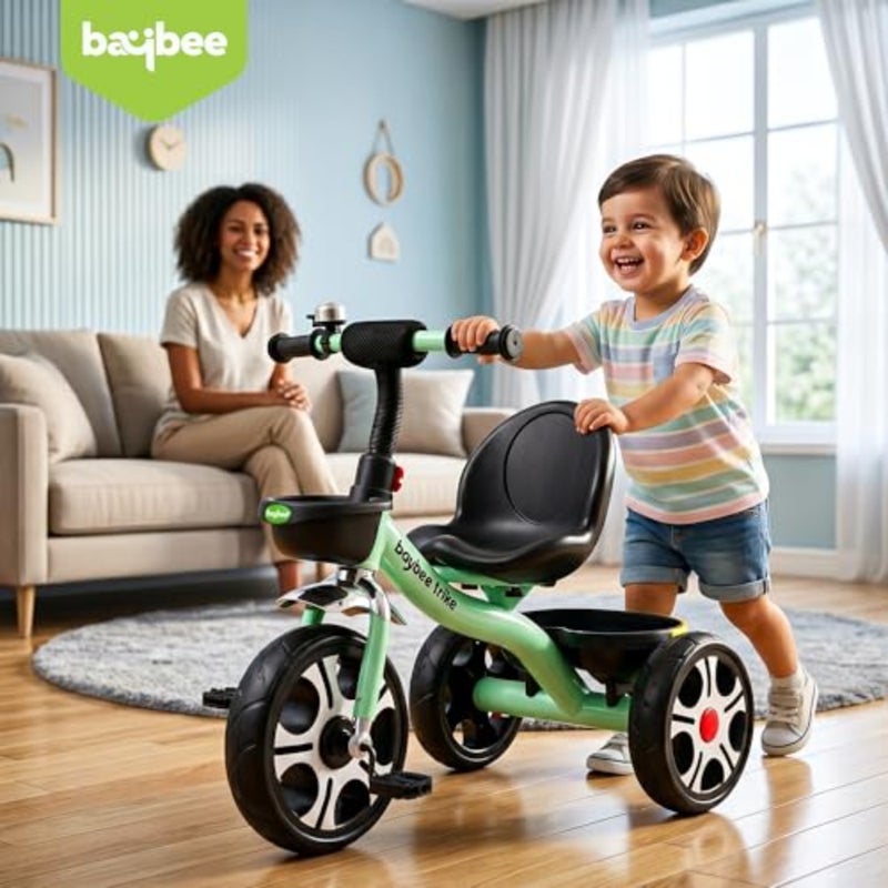 Indoor outdoor toddler tricycle for ages 1-3, EVA wheel, green, smart plug-and-play design with front and rear baskets - Image 3