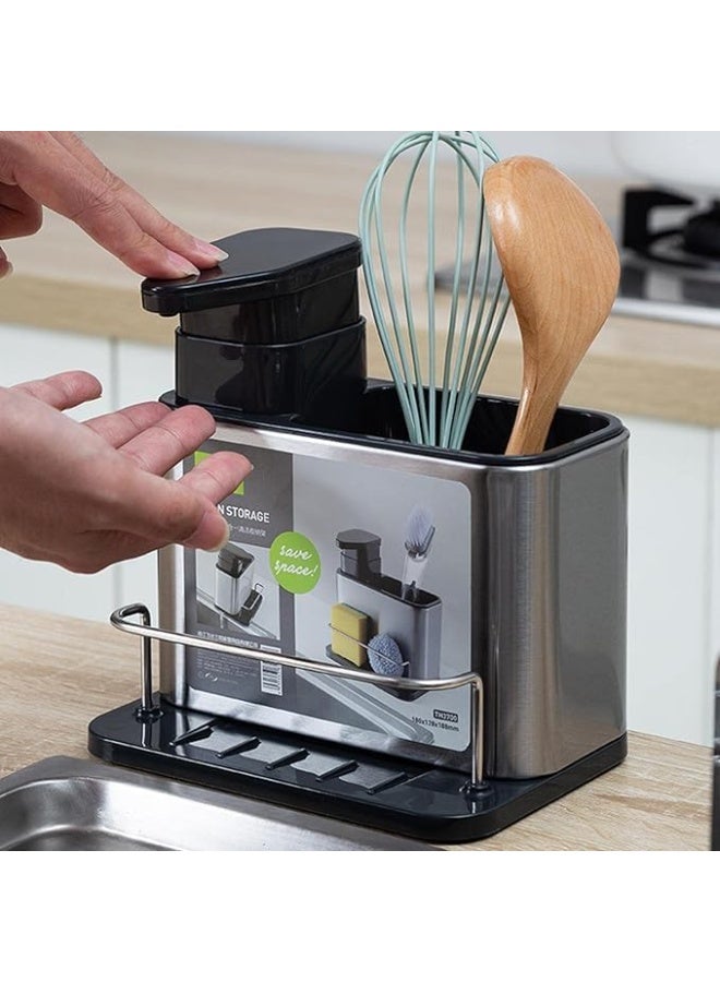 PROMASS 3-in-1 Dish Soap Dispenser for Kitchen Sink, Stainless Steel Sponge Holder with Liquid Soap Dispenser and Removable Water Leakage Tray  - Image 3