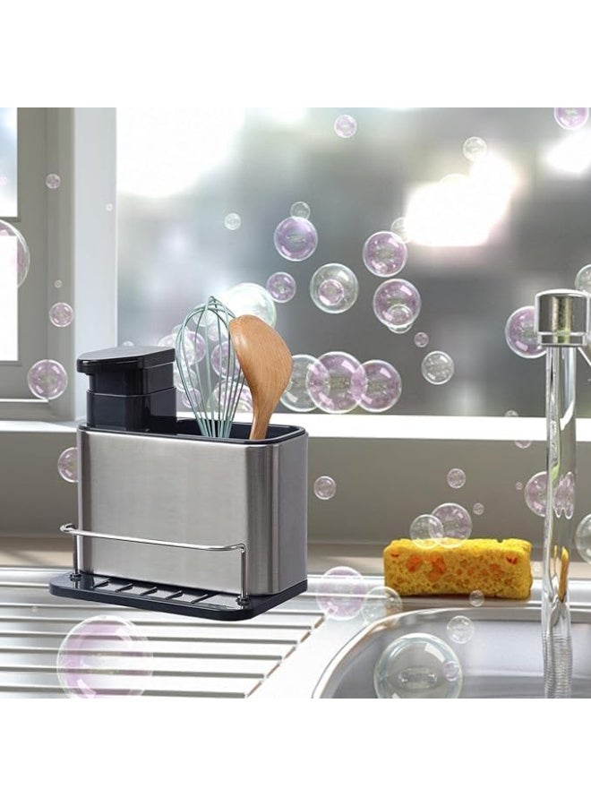 PROMASS 3-in-1 Dish Soap Dispenser for Kitchen Sink, Stainless Steel Sponge Holder with Liquid Soap Dispenser and Removable Water Leakage Tray  - Image 2