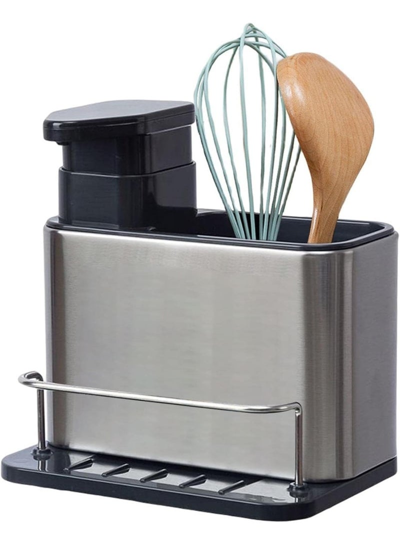 PROMASS 3-in-1 Dish Soap Dispenser for Kitchen Sink, Stainless Steel Sponge Holder with Liquid Soap Dispenser and Removable Water Leakage Tray  - Image 1