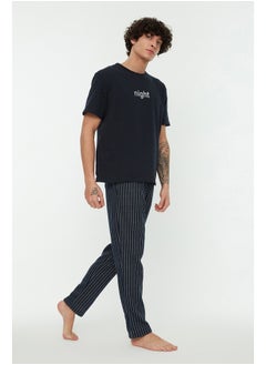 Navy Blue Men's Printed Knitted Pajamas Set
