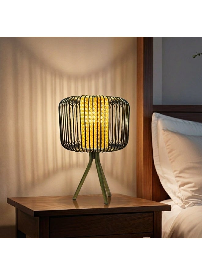 Table Lamp with Tripod Stand, Black mild steel Wire Cage, Natural Rattan Weave, Gold Base, Modern Decorative Lighting - Image 1