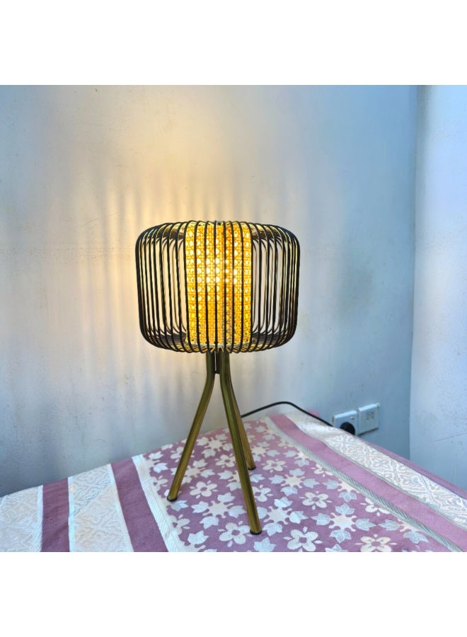 Table Lamp with Tripod Stand, Black mild steel Wire Cage, Natural Rattan Weave, Gold Base, Modern Decorative Lighting - Image 2