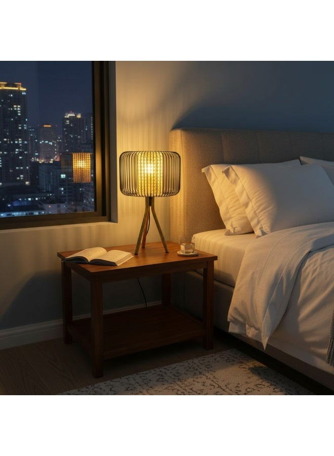 Table Lamp with Tripod Stand, Black mild steel Wire Cage, Natural Rattan Weave, Gold Base, Modern Decorative Lighting - Image 3