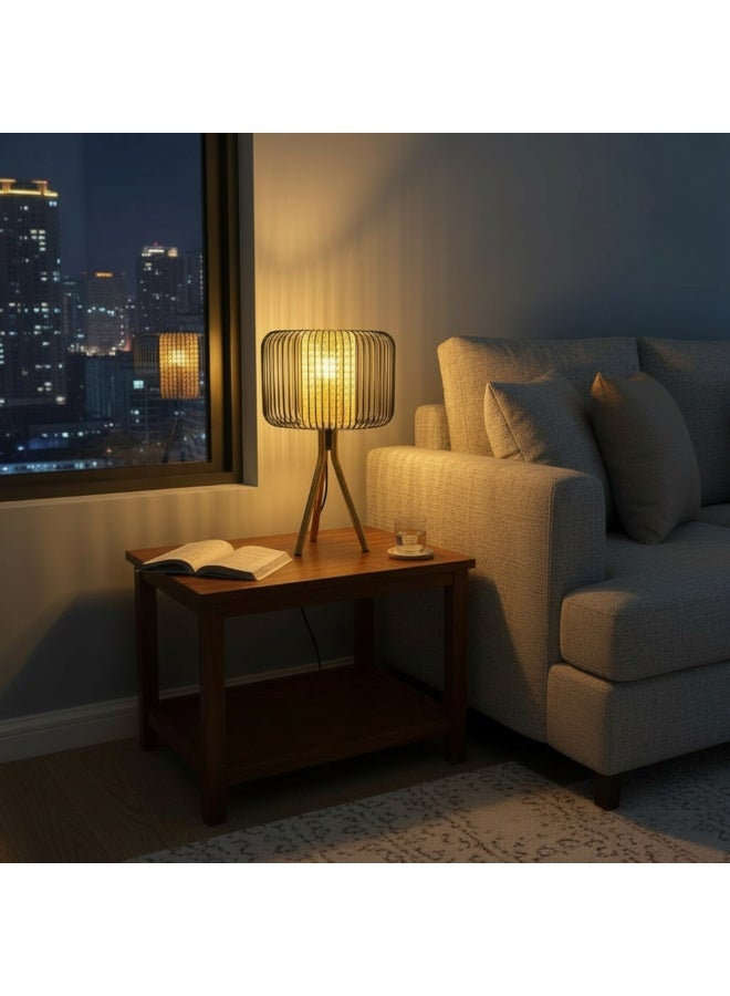 Table Lamp with Tripod Stand, Black mild steel Wire Cage, Natural Rattan Weave, Gold Base, Modern Decorative Lighting - Image 4