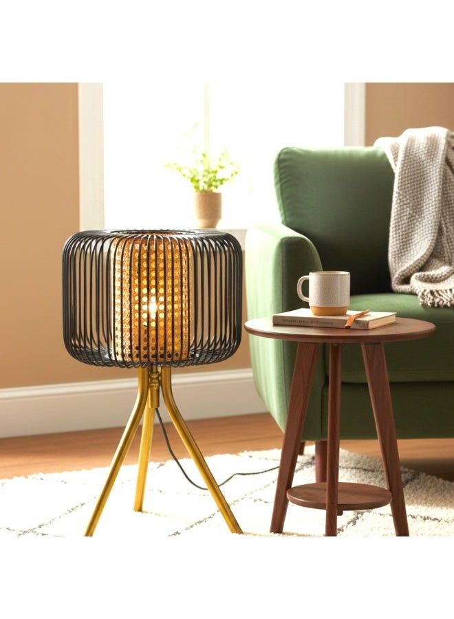Table Lamp with Tripod Stand, Black mild steel Wire Cage, Natural Rattan Weave, Gold Base, Modern Decorative Lighting - Image 5