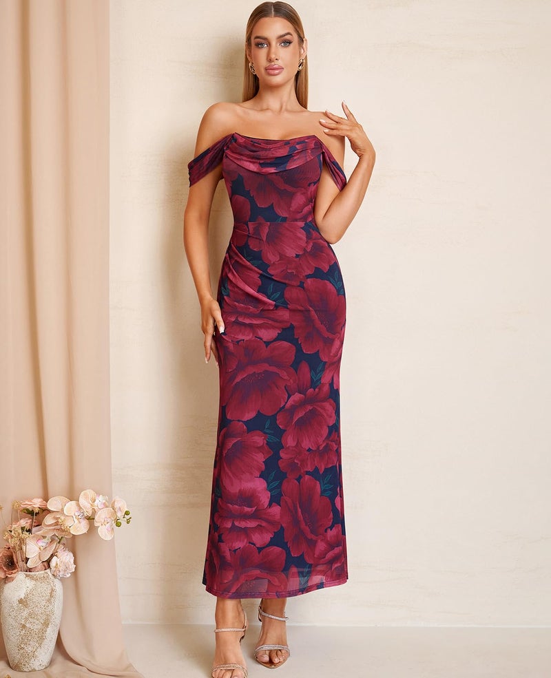 GLNEGE Womens Off the Shoulder Corset Floral Formal Wedding Guest Maxi Dress Ruched Bodycon Long Cocktail Dresses - Image 2