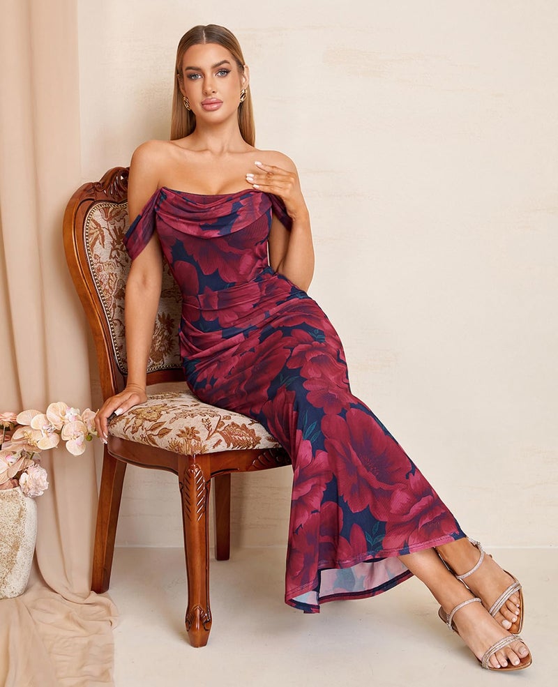 GLNEGE Womens Off the Shoulder Corset Floral Formal Wedding Guest Maxi Dress Ruched Bodycon Long Cocktail Dresses - Image 5