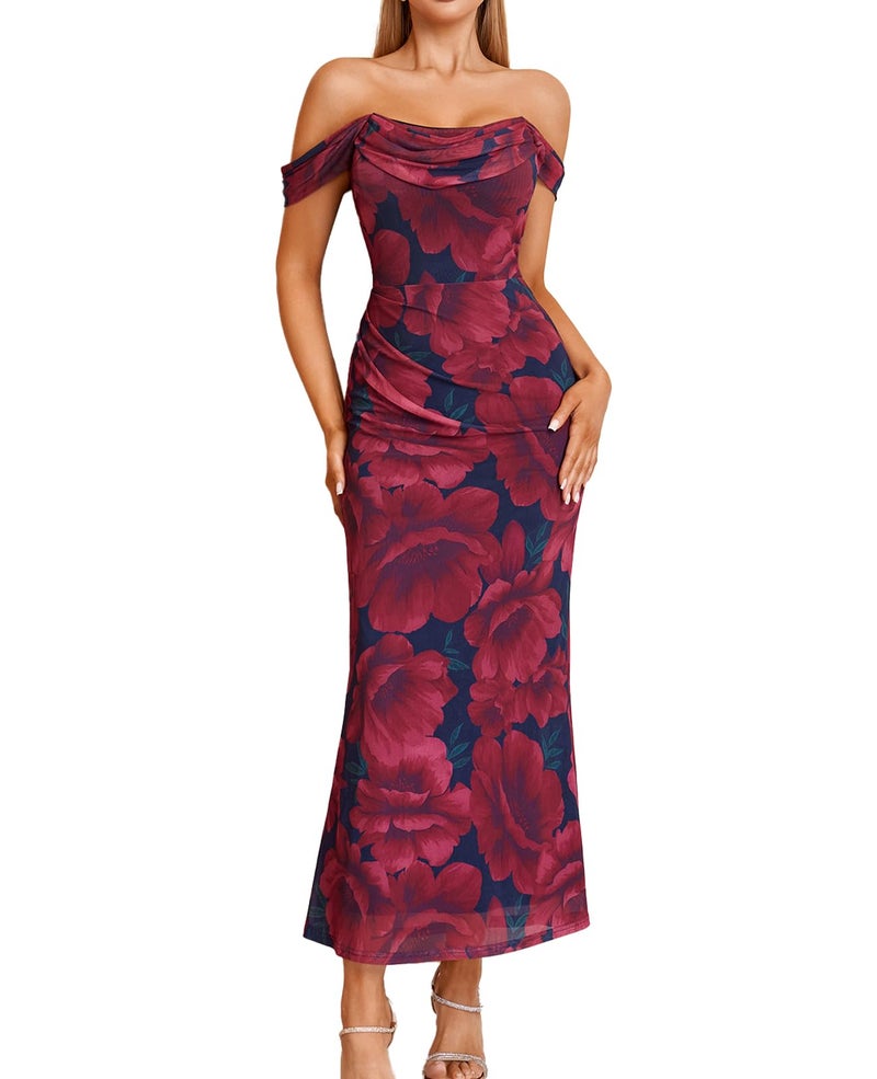GLNEGE Womens Off the Shoulder Corset Floral Formal Wedding Guest Maxi Dress Ruched Bodycon Long Cocktail Dresses - Image 1