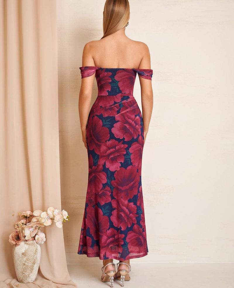 GLNEGE Womens Off the Shoulder Corset Floral Formal Wedding Guest Maxi Dress Ruched Bodycon Long Cocktail Dresses - Image 3