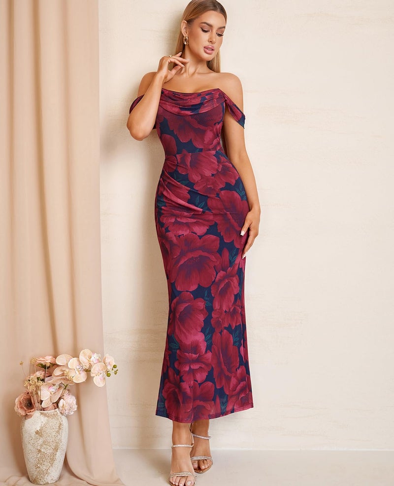 GLNEGE Womens Off the Shoulder Corset Floral Formal Wedding Guest Maxi Dress Ruched Bodycon Long Cocktail Dresses - Image 4
