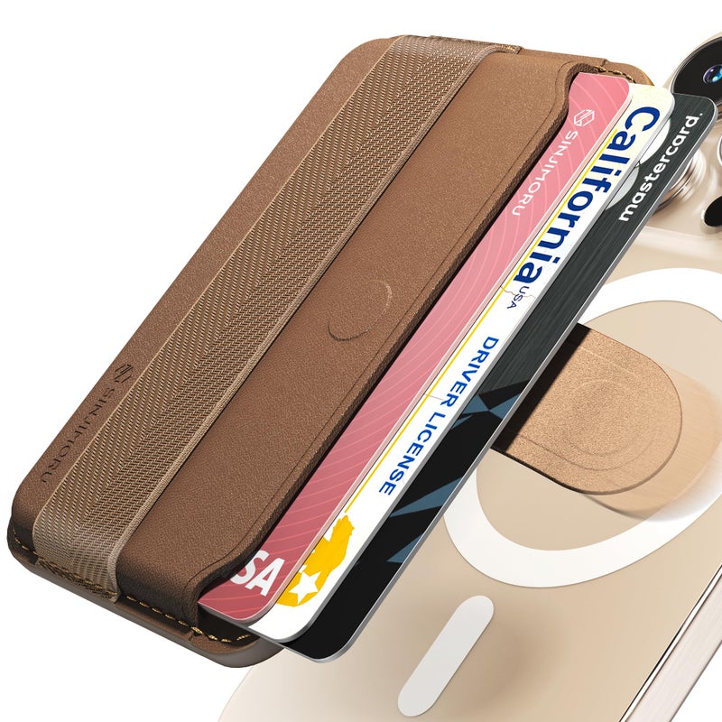 Sinjimoru Pull Eject Magnetic Wallet for iPhone Finger Grip for MagSafe Card Holder Compatible with MagSafe Wallet MPull Tab Band Brown - Image 2