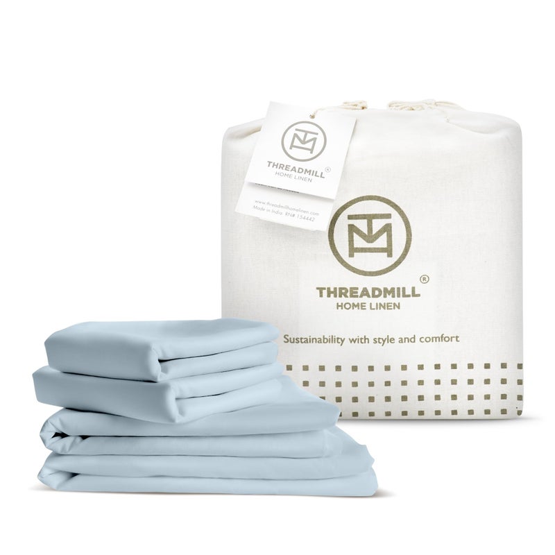 Threadmill 100 Organic Cotton Sheets  Queen 4 Piece Light Blue  Certified by GOTS  Soft and Cooling Bedsheet Set with Reusable Bag Snug Fit with 16 Deep Pocket  Ultra Light
