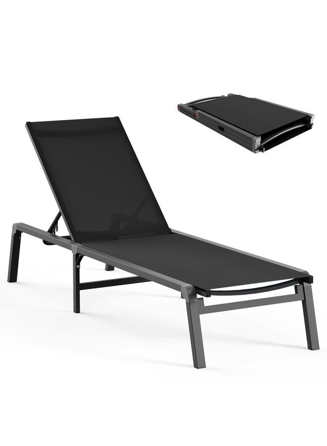 Ciokea Aluminum Chaise Lounge Ourdoor - Foldable & Assemble Free Outdoor Lounge Chair with 5 Adjustable Backrest, Patio Lounge Chair for Outside Poolside Beach Pool, Navy Blue - Image 1