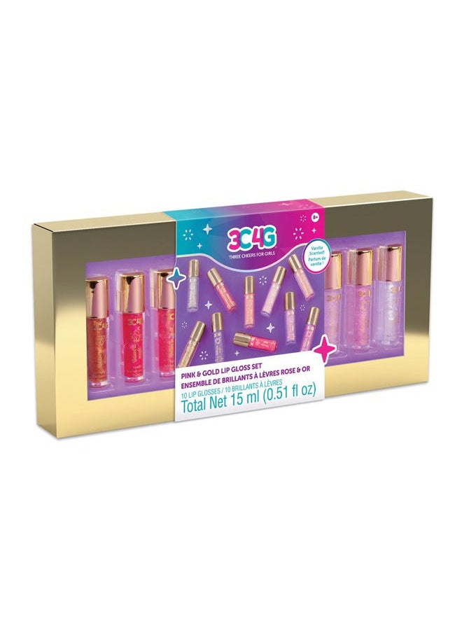3C4G THREE CHEERS FOR GIRLS Pink and Gold Lip Gloss Set 10 Pack - Kids Lip Gloss for Girls & Teens - Vanilla Flavored Hydrating Lip Gloss Set - Colors Include Pink, Purple, Nude & More! - Ages 8+ by Make It Real  - Image 1