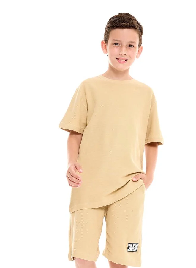 victor and jane Textured Knit Patch Detail Longline T-Shirt & Shorts Set by Styli