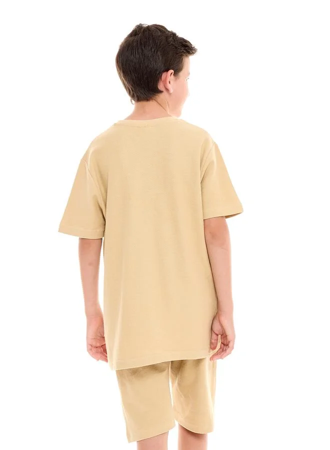 victor and jane Textured Knit Patch Detail Longline T-Shirt & Shorts Set by Styli