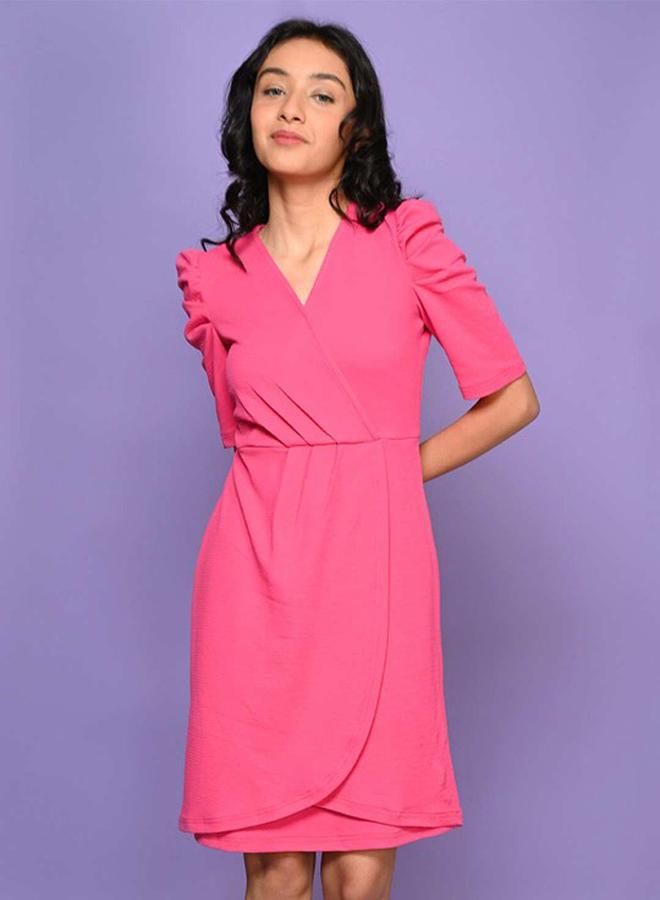 ليل بيكس فستان سادة بنمط لف مع اكمام منفوخة - Image 2