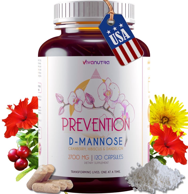 VIVANUTRA D Mannose Capsules 2000 MG Per Day With Cranberry Pills for Urinary Tract Infection FastActing Pills For Bladder Health UTI Flush Impurities dmannose 4in1 Formula for men and women 120CT