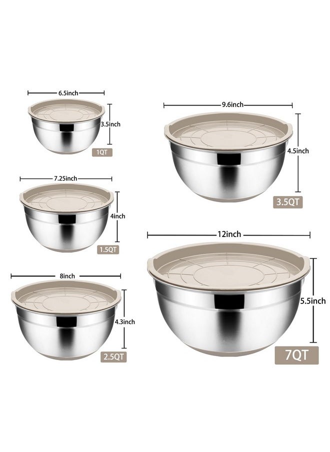 TeamFar - TeamFar Khaki Mixing Bowls, Stainless Steel Metal Nesting Salad Bowls with Airtight Lids Set of 5, Healthy & Heavy Duty, Non-slip Bottom & Airtight Lid, 7/3.5/2.5/1.5/1 QT - Image 1