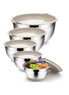 TeamFar TeamFar Khaki Mixing Bowls, Stainless Steel Metal Nesting Salad Bowls with Airtight Lids Set of 5, Healthy & Heavy Duty, Non-slip Bottom & Airtight Lid, 7/3.5/2.5/1.5/1 QT  - Image 1