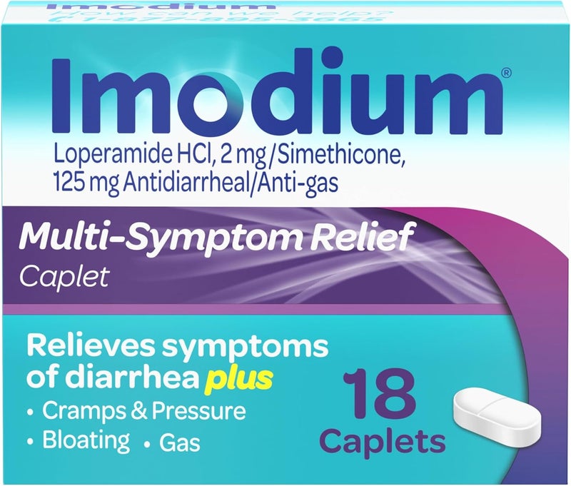 IMODIUM أقراص تخفيف الأعراض المتعددة، لوبيراميد هيدروكلوريد وسيميثيكون دواء مضاد للإسهال لتخفيف الإسهال والغازات والانتفاخ والتقلصات والضغط، مؤهل لـ HSA/FSA، 18 حبة - Image 1