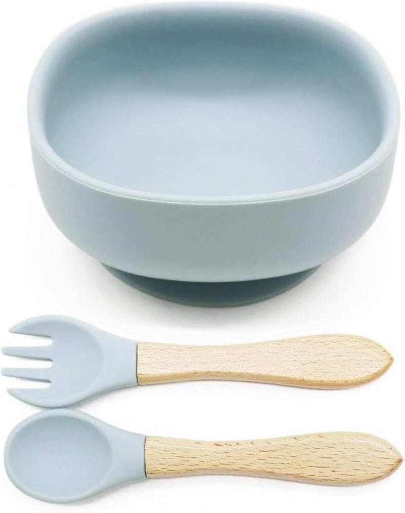 Luckam Suction Bowls for Baby, Baby Led Weaning Spoon and Fork, Baby Dishes and Utensils Set for Toddlers, Silicone Baby Feeding Set 6-12 Months, Blue - Image 1