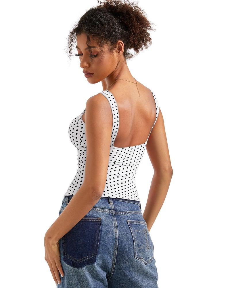 SUUKSESS Women Built in Bra Open Back Boat Neck Tank Tops Double Lined Backless Y2K Going Out Top Basic Shirt (White Polka Dots,S) - Image 2