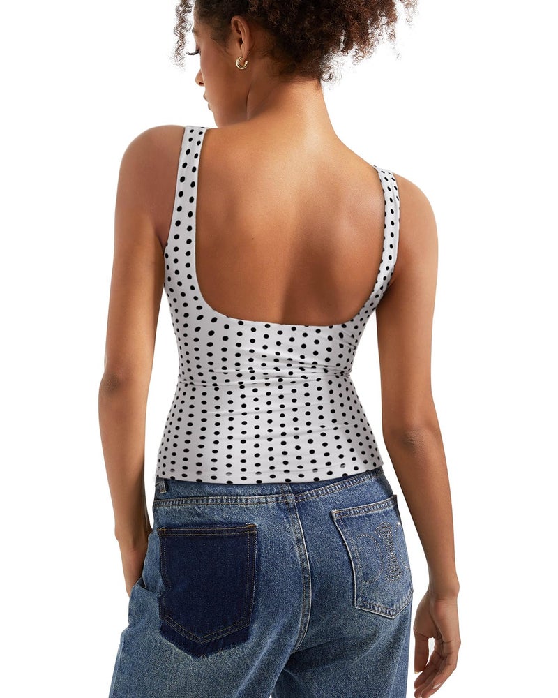 SUUKSESS Women Built in Bra Open Back Boat Neck Tank Tops Double Lined Backless Y2K Going Out Top Basic Shirt (White Polka Dots,S) - Image 1