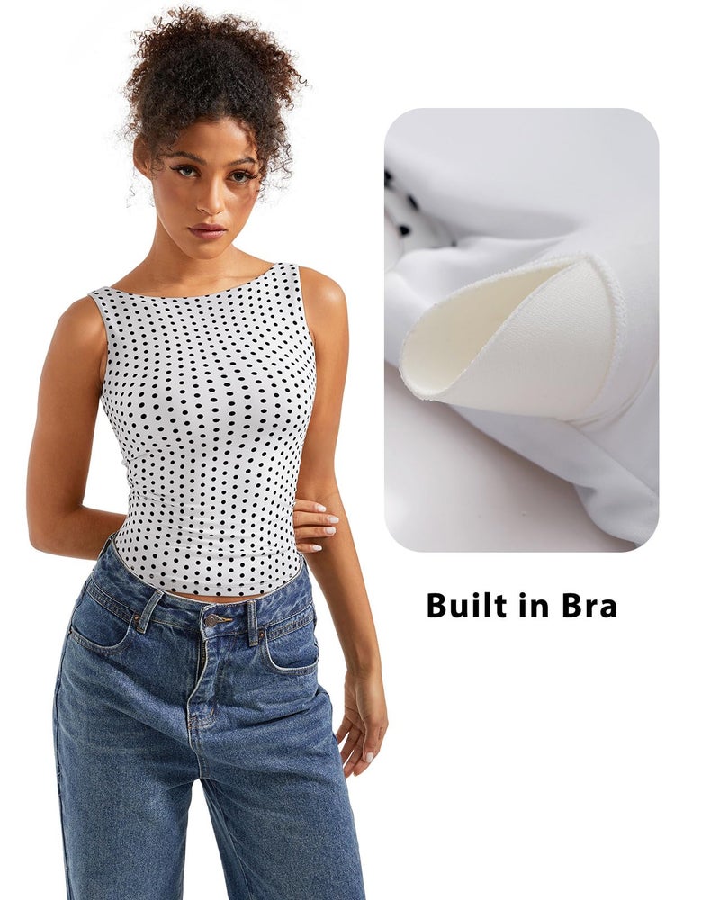 SUUKSESS Women Built in Bra Open Back Boat Neck Tank Tops Double Lined Backless Y2K Going Out Top Basic Shirt (White Polka Dots,S) - Image 3