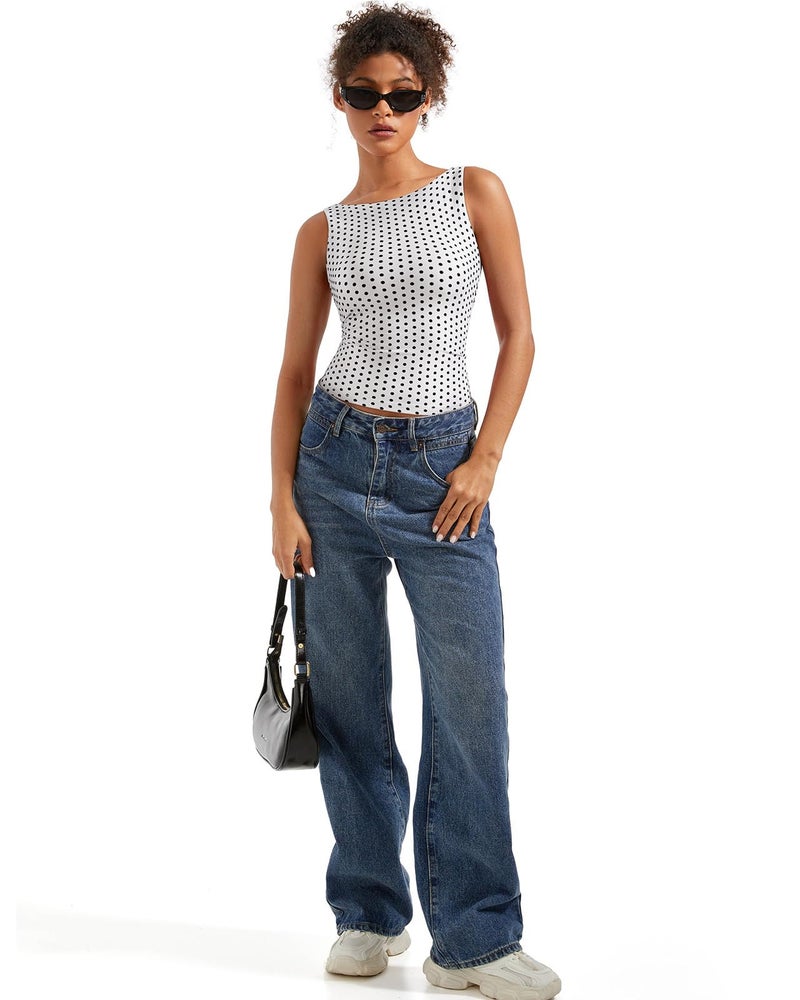 SUUKSESS Women Built in Bra Open Back Boat Neck Tank Tops Double Lined Backless Y2K Going Out Top Basic Shirt (White Polka Dots,S) - Image 5