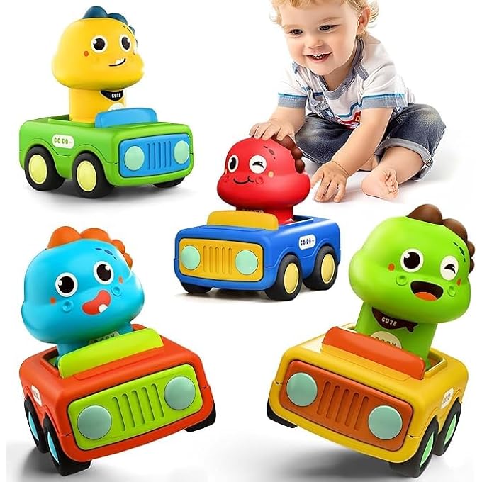 3PACK PRESS GO CAR TOYS, FRICTION VEHICLE TOYS, INFANT PLAY CAR SET, 1ST BIRTHDAY GIFT EASTER STUFFER FOR 6-36 MONTH OLD BOY KID (4 COLORS MIXED) - Image 1