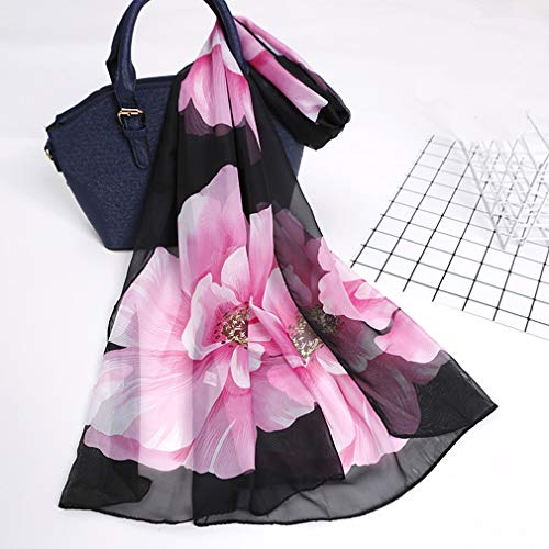 E-Clover Women Soft Floral Print Shawl Chiffon Sheer Scarf Mothers Day Gift (A-Black&Pink) - Image 4