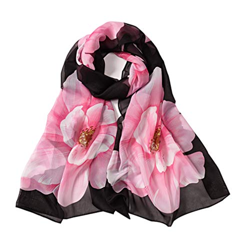 E-Clover Women Soft Floral Print Shawl Chiffon Sheer Scarf Mothers Day Gift (A-Black&Pink) - Image 1