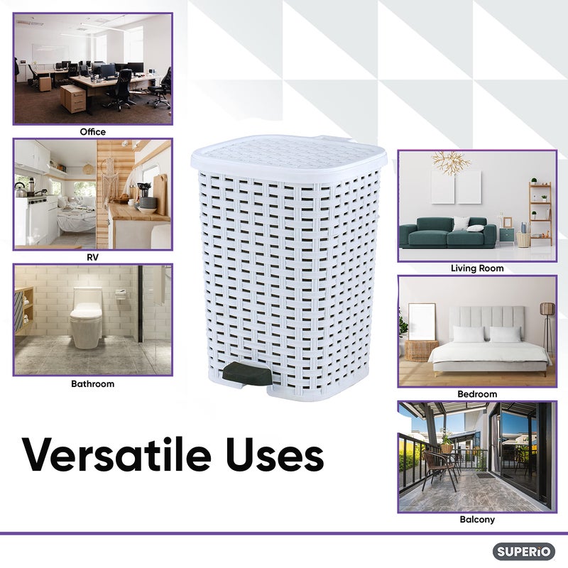 Superio Small Outdoor Trash Can with Lid for Dog Poop 3 Gallon/12 L Mini Plastic Garbage Can with Foot Pedal for Bathroom, Bedroom, Office, Patio, Wicker White - Image 5