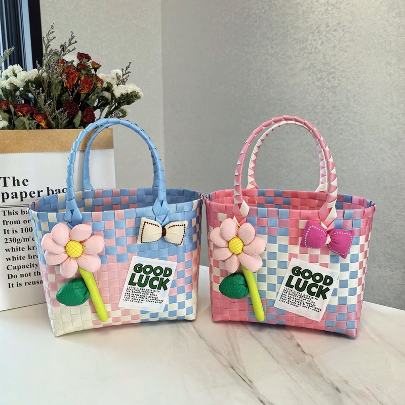 Woven PVC Tote Bag with Sunflower Bow Pattern - Image 2